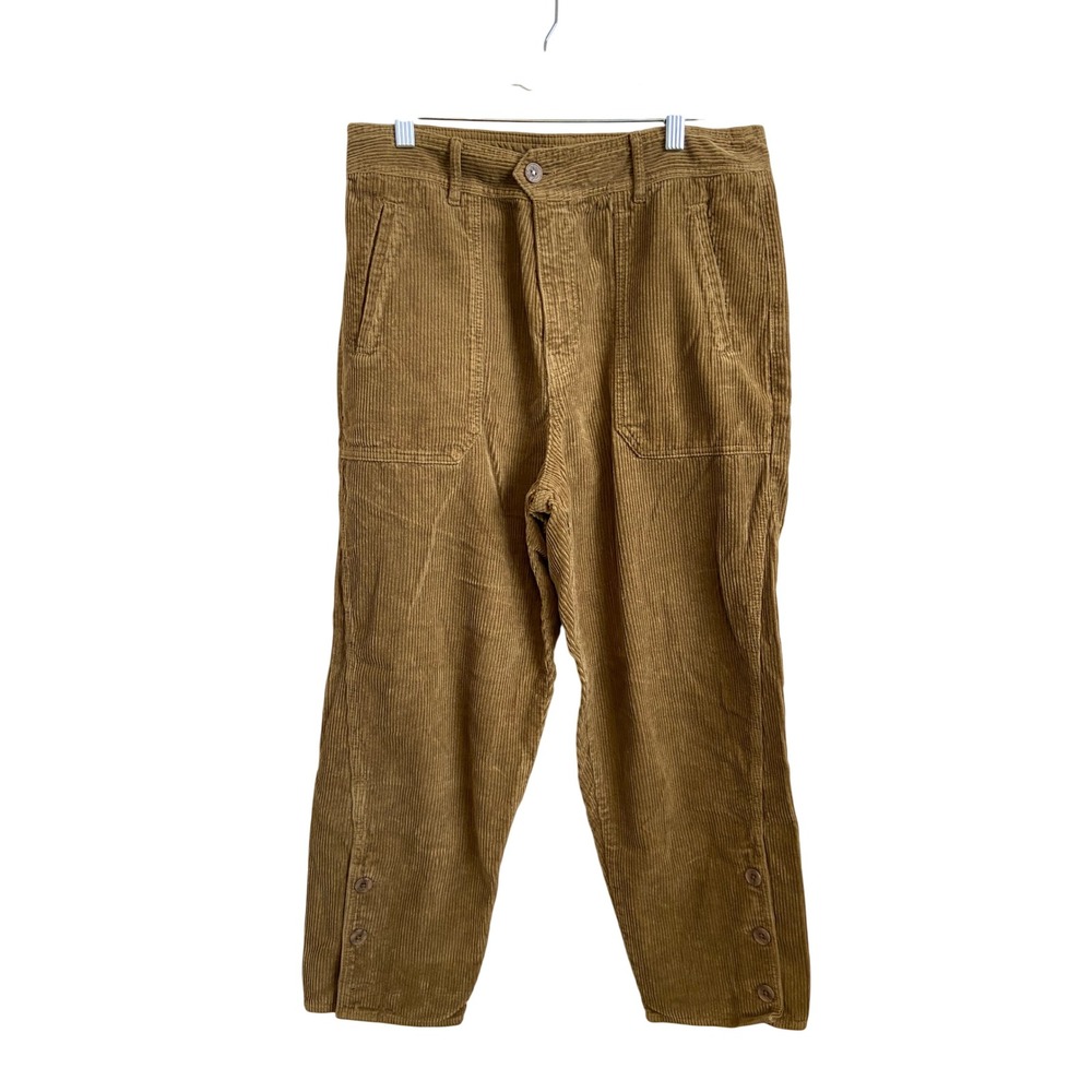 Wrap London Ochre Brown Cotton Linen Corduroy Ankle Button Pants 10 US 14 UK